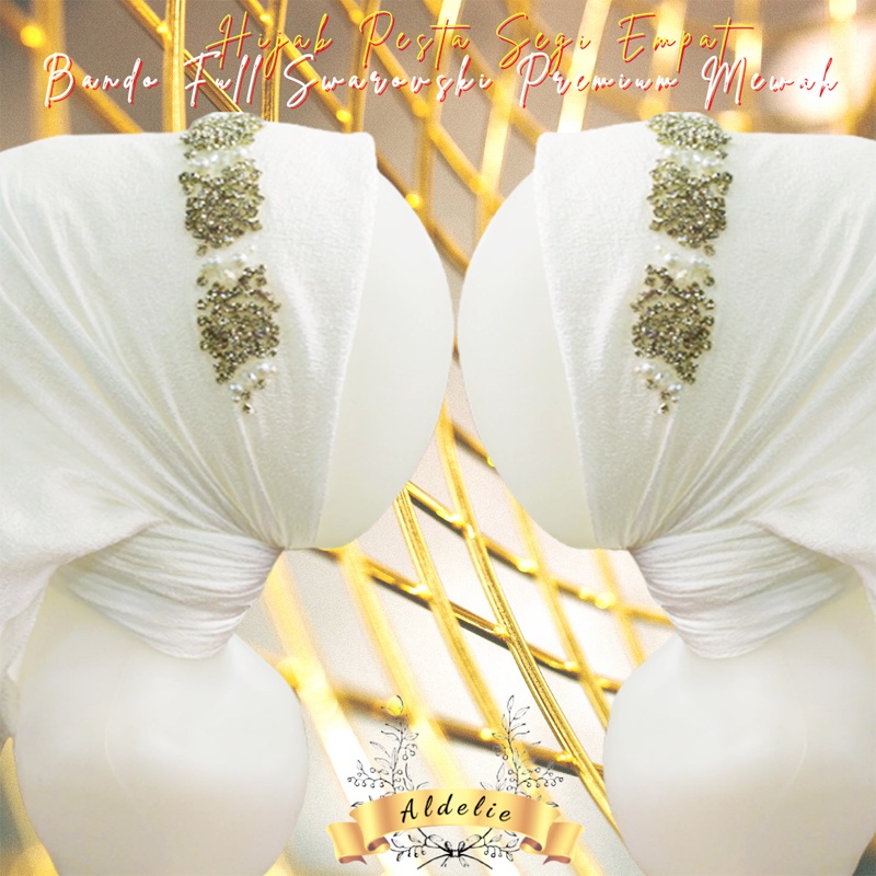 Jilbab Payet Segi Empat Putih Terbaru Motif Bando Full Swarovski Premium Mewah Elegan Hijab Pesta Si