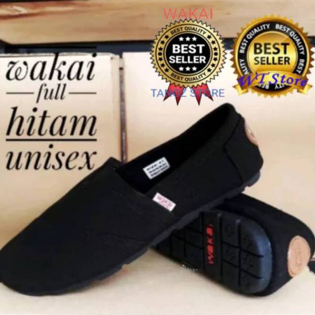 [SEPATU SLIP ON WAKAI]Full Black Gratis Paper Bag (Lengkap)