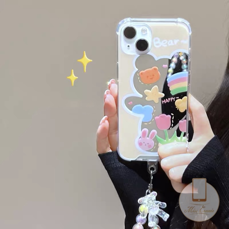 Casing Soft Case Motif Beruang 3D + Cermin Makeup + Gelang Mutiara Untuk iPhone 7 8 14 Plus 11 12 13 14 Pro Max XR X XS Max