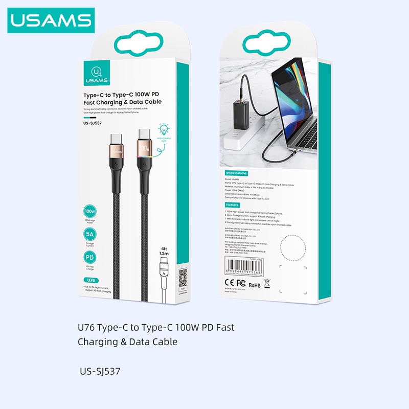 USAMS U76 Kabel Data LED QC PD Fast Charging 100W Type-c to Type-C 5A