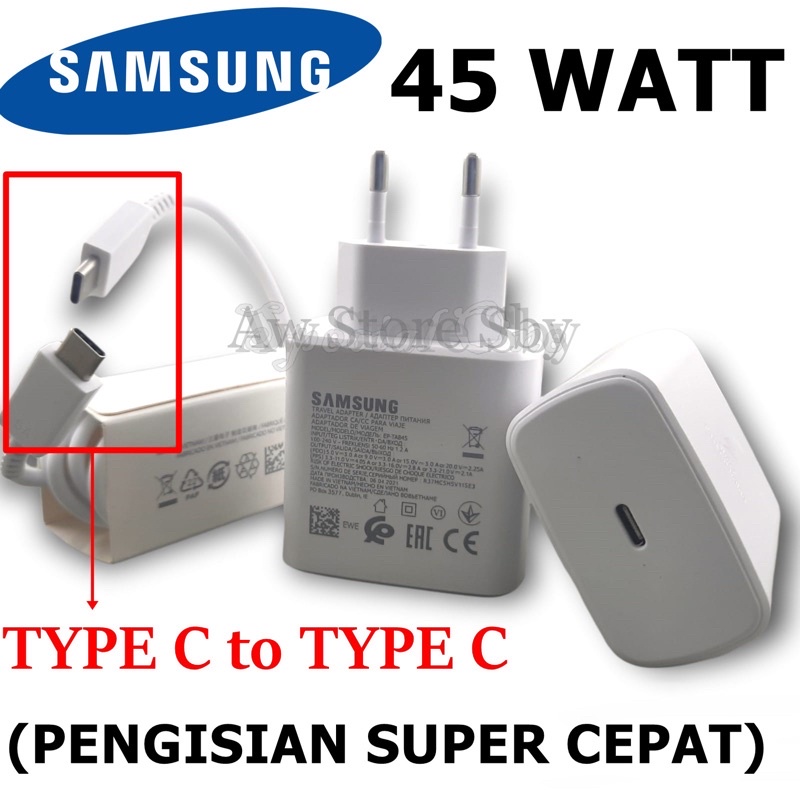 CHARGER SAMSUNG ORI 45W USB C TO C SUPER FAST CHARGE A71/A72/A73/A51/ Note 10/ S10/S10+/S20/S20+/M23/M52/M62/M53/A33/A53 45 WATT