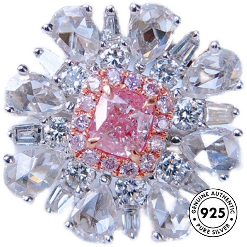 Cincin S925 Silver Bentuk Kotak Aksen Berlian Warna Pink