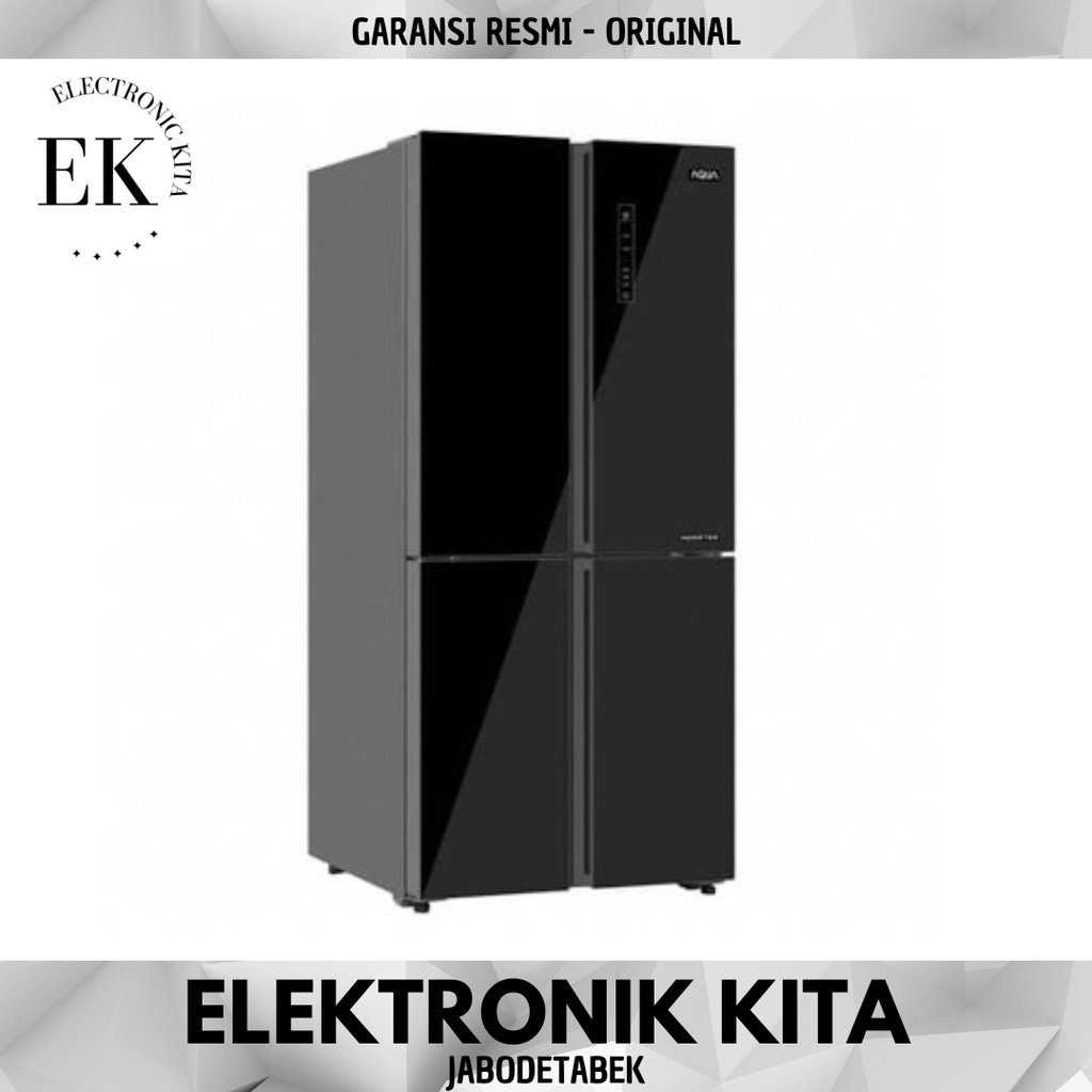 KULKAS SIDE BY SIDE AQUA 4 PINTU TEMPERED GLASS HITAM 456 LITER INVERTER 190 WATT IG525AM(GB) 525 AM