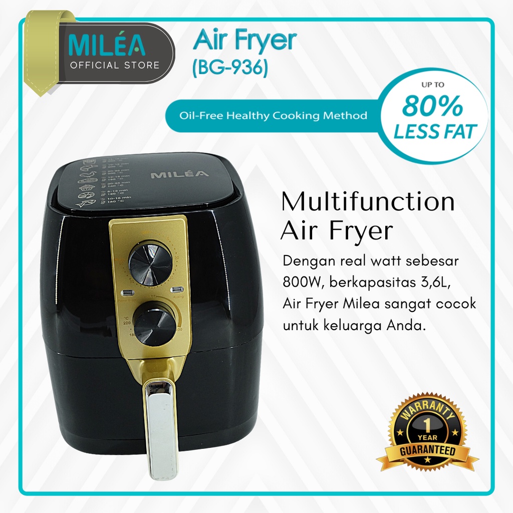Jual MILEA Air Fryer Low Watt 800W 3.6L Penggorengan Listrik Tanpa