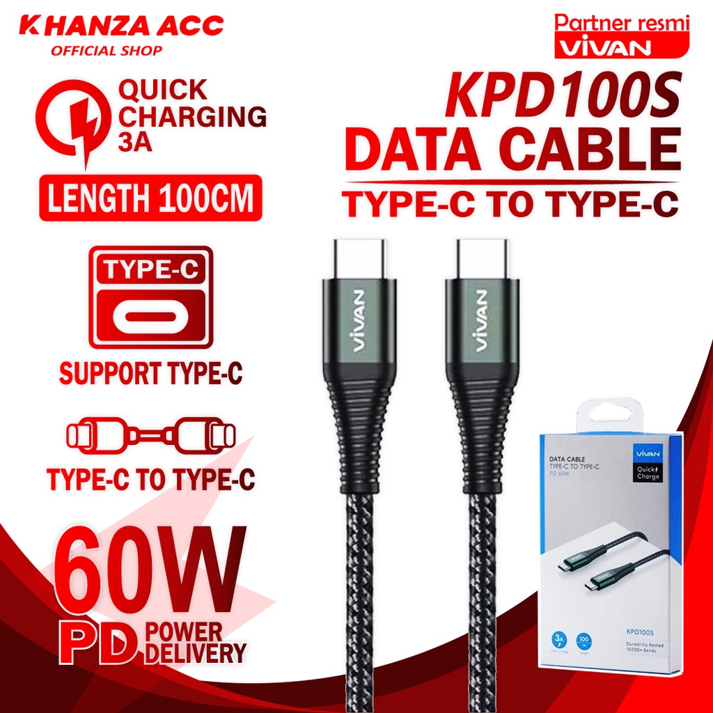 KHANZAACC VIVAN KPD100S Kabel Data Type-C To Type-C PD 30W Quick Charge 3A