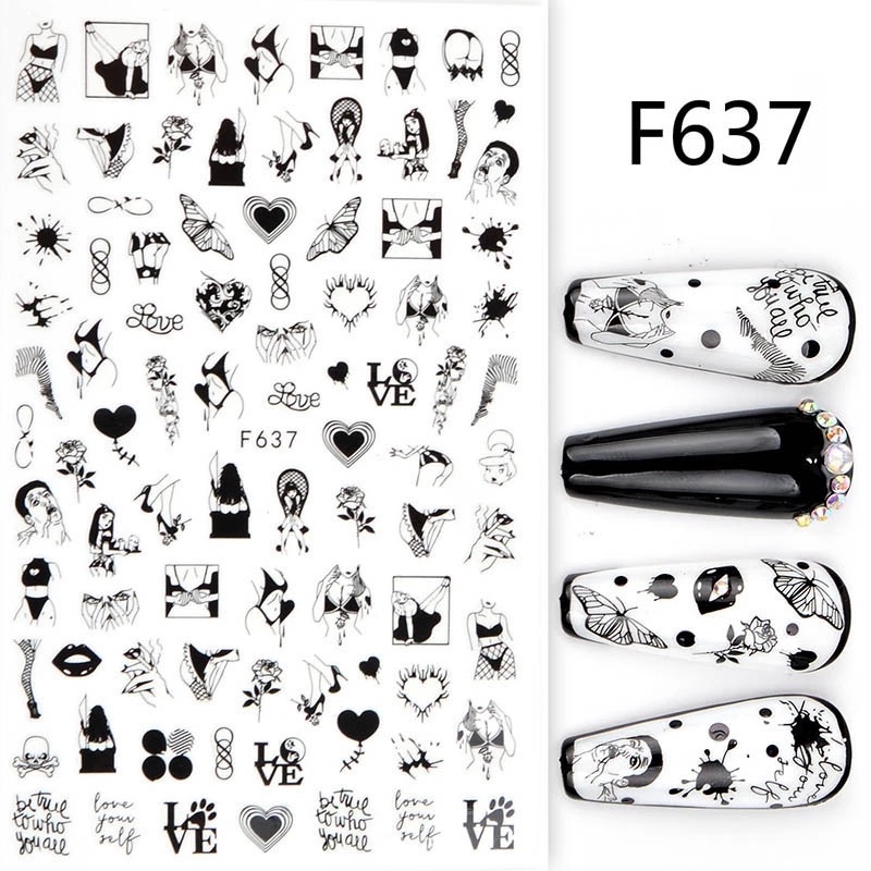 1 Sheet Pack 3D Black White Abstract Geometric Nail Foils / Flower Heart Pattern Paper Nails Stickers / Fashion Self-Adhesive Water Transfer Nail Decal / Manicure Art Decorations / DIY Nail Makeup Tools