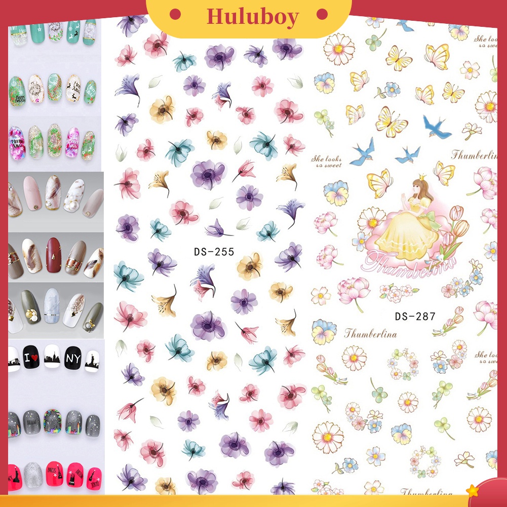 Huluboy Huluboy♡ Stiker Kuku Motif Bunga / Bulu / Kupu-Kupu / Tulisan Untuk DIY Manicure