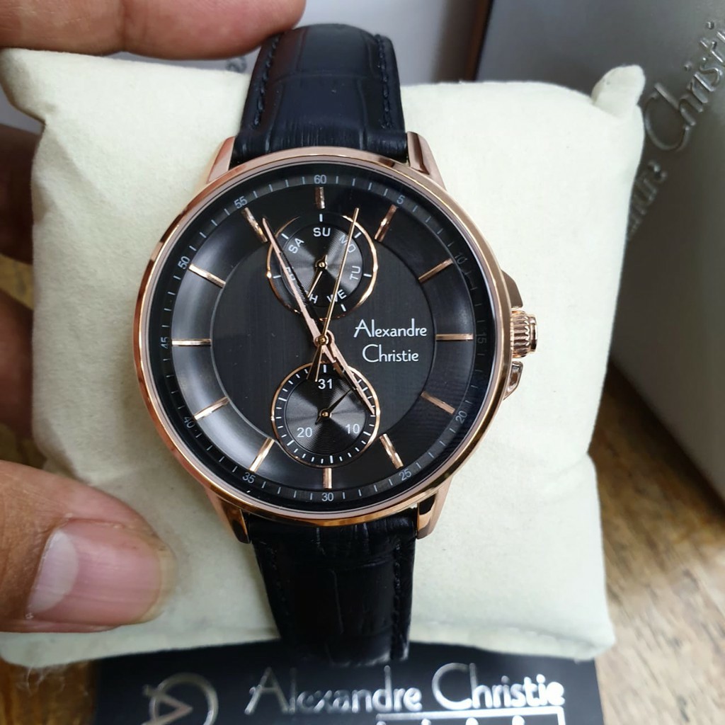 AC Alexandre Christie 6576  jam tangan pria tali kulit hitam rose gold