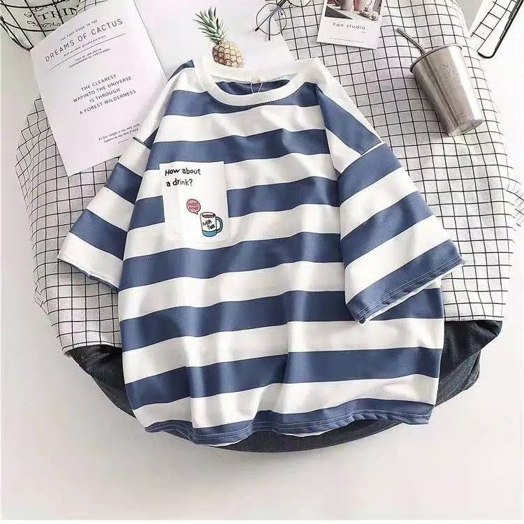 TBI Korean Oversized Loose T-shirt Import Stripe Cute Tee Lengan Pendek - NAVY