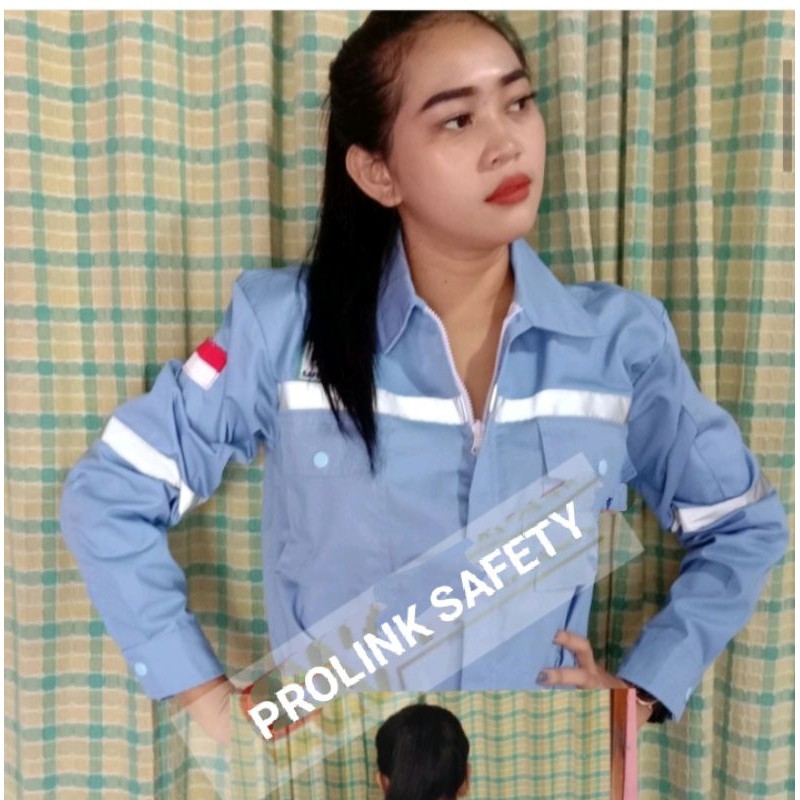 RESLETING BAJU SAFETY TELUR ASIN BIRU LANGIT BERLOGO K3 BENDERA WEARPACK ATASAN KERJA