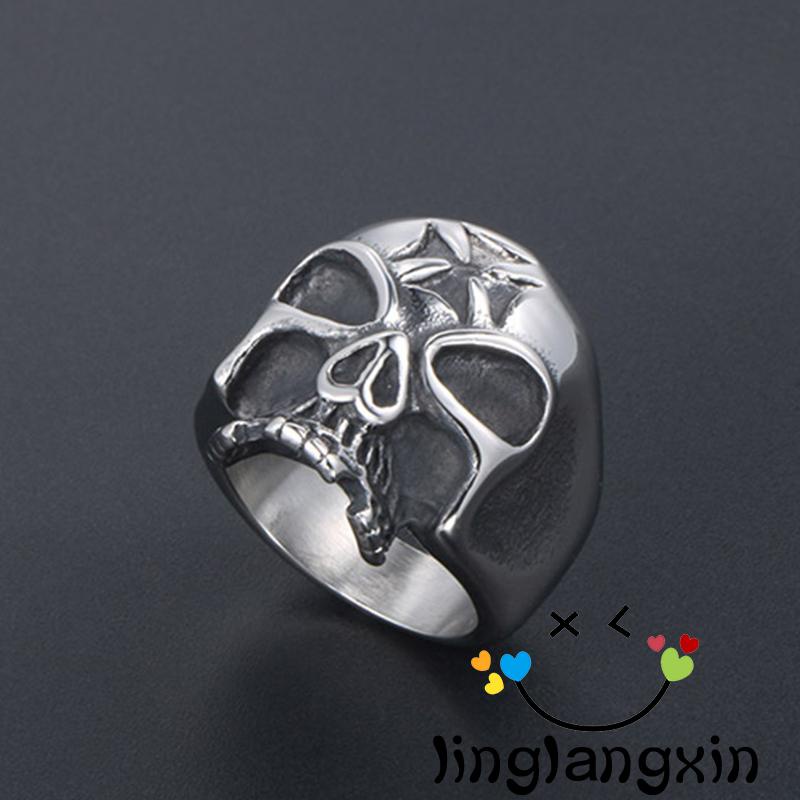 Llx-cincin Titanium Steel Desain Tengkorak Hollow Gaya Punk Vintage Untuk Unisex