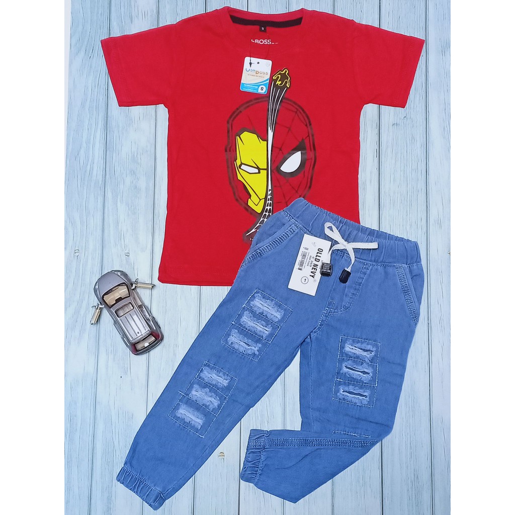 COD BAJU STELAN ANAK LAKI LAKI KAOS ABADI DAN CELANA JEAN RIPPED USIA 1-10 TAHUN OSHBOSS BAGIAN 2-IRONMAN VS SPIDERMAN