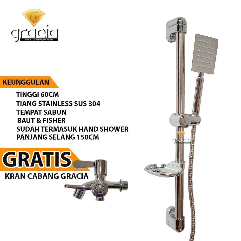 Shower  SET Tiang GRATIS KRAN CABANG Shower Aliran Kencang Hand Shower Tiang Set Kamar Mandi Stainless Chrome