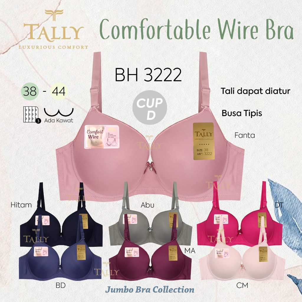 NEW !! BRA TALLY 3222 Bra BH Cup D Jumbo Berkawat kait 3 Busa Tipis size 38- 44 TALLY Bra Kawat Bahan Pori Busa tipis Cup D/E Kait 3 Cup Jumbo BH 3222