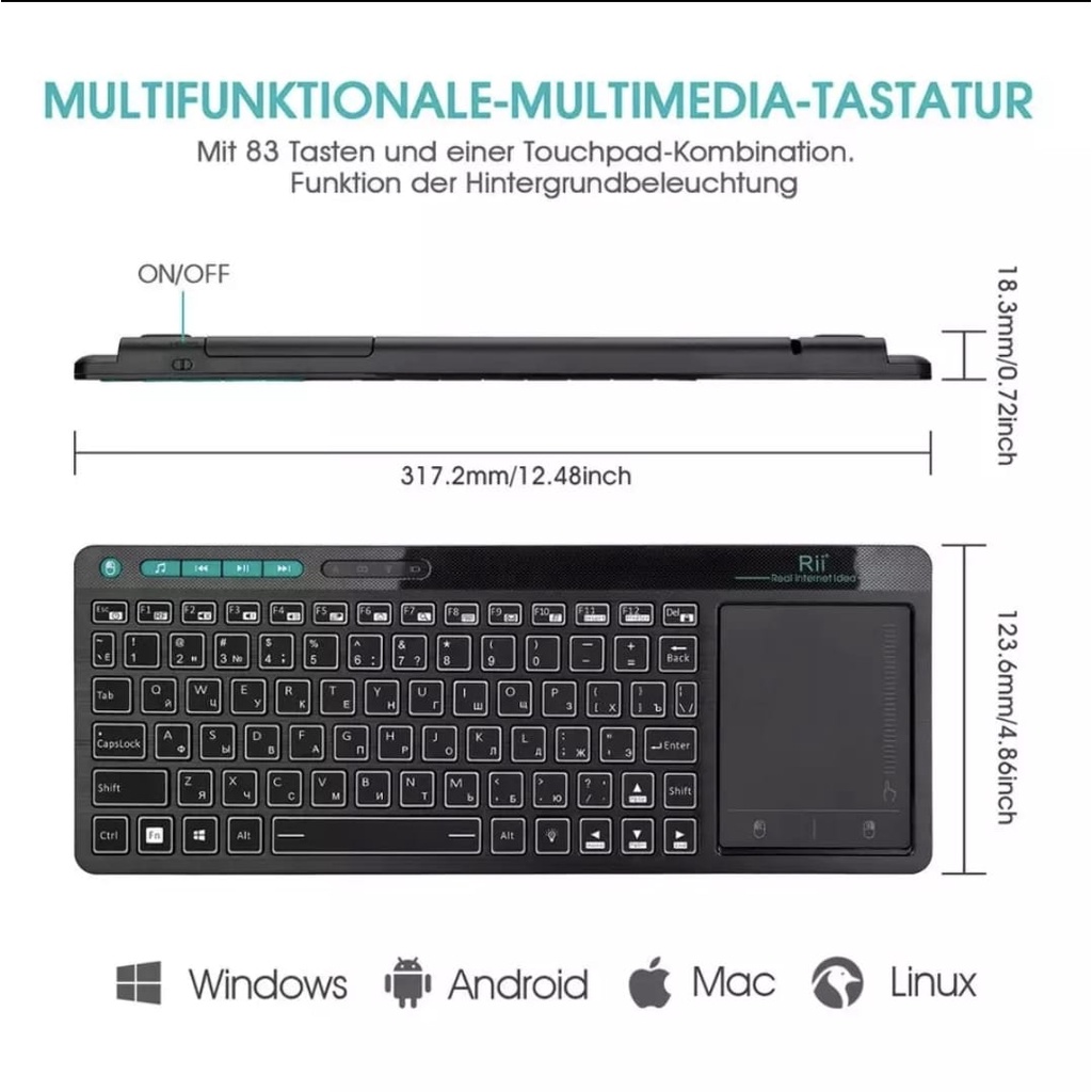 Keyboard Wireless Multimedia Touchpad Led Backlit Smart tv Box Android Rt-518 Pc