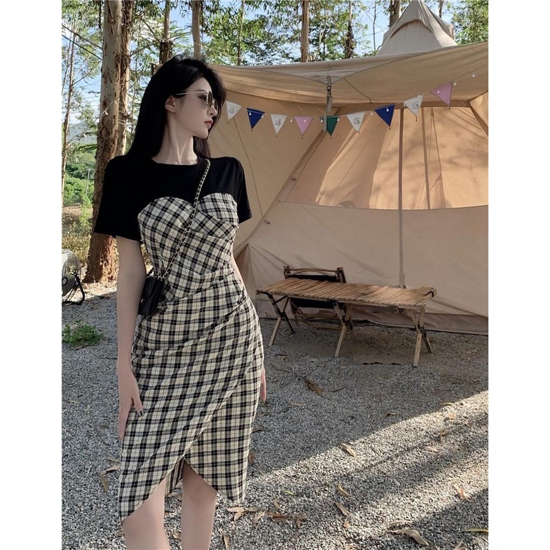 [Llittlecrab] Dress Motif Kotak-Kotak Hitam Putih Fishtail Simple Kasual Elegan Long Dress Sexy Square Pattern Motif Unik Berkualitas Simply Korean Style Dress Pantai Piknik