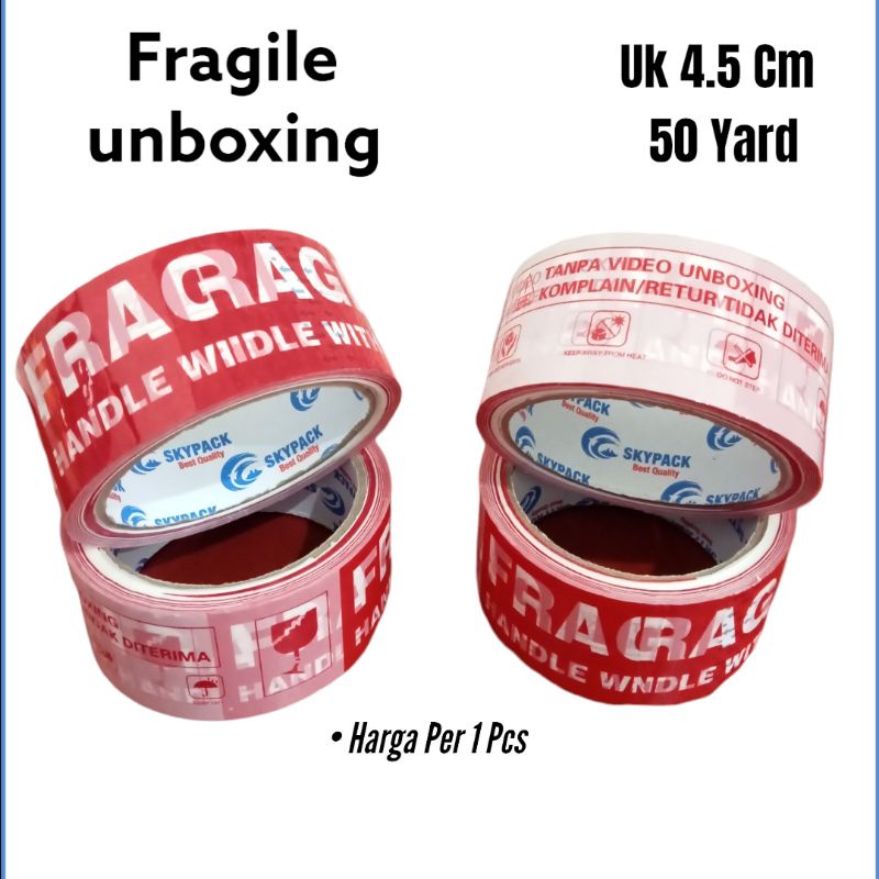

ISOLASI LAKBAN FRAGILE UNBOXING SKYPACK UKURAN 4.5 Cm x 50 Yard