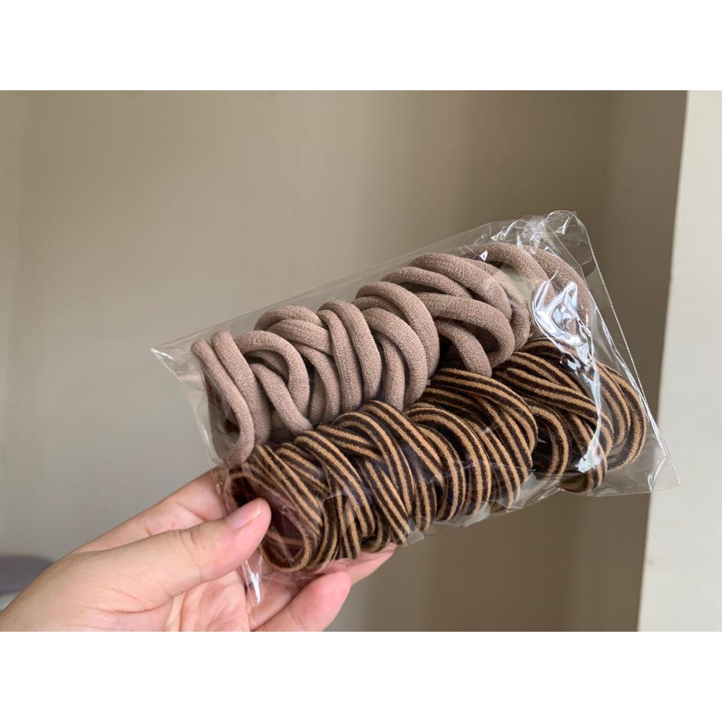 Ikat Rambut Korea Towel Ring Set ( isi 50pcs)-TOWEL GARIS-COKLAT