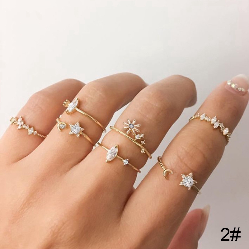 Cincin emas Set Bohemian Vintage Crystal Moon Star Rings Wanita Cincin Perhiasan Aksesoris Hadiah