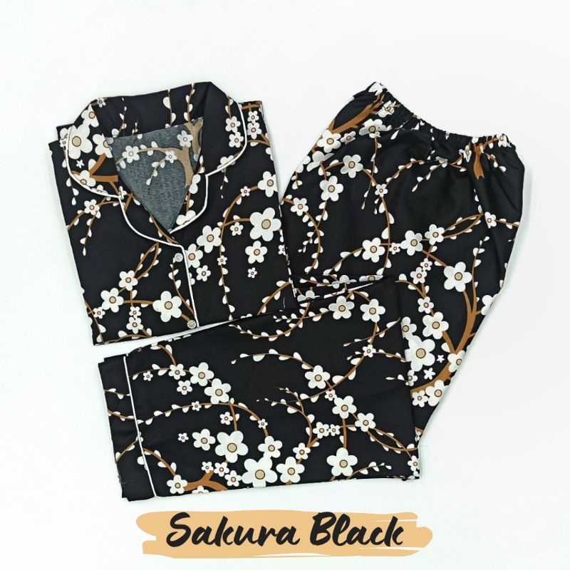 Baju Tidur Wanita | Piyama Wanita Kekinian | Oneset Setelan Wanita Bahan Katun Polymicro Bebas Pilih Motif-Sakura Black