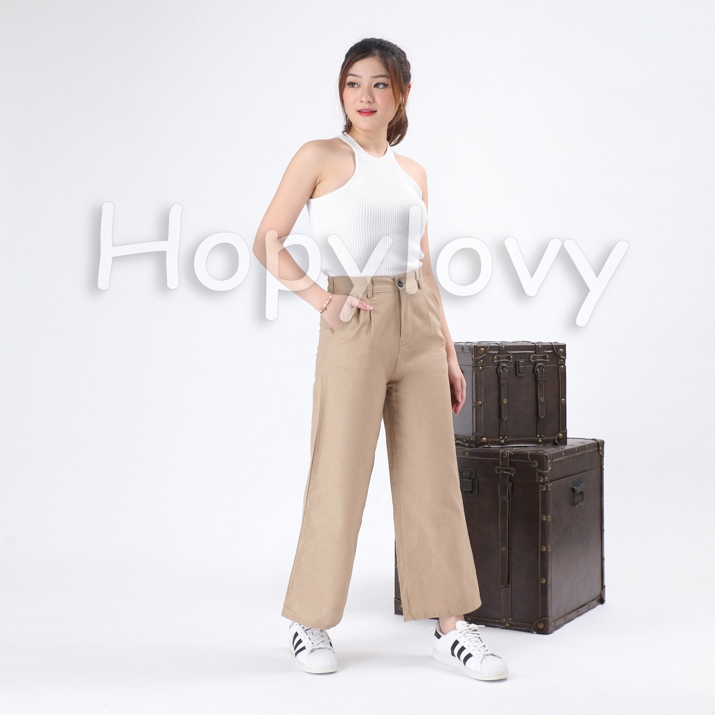 HOPYLOVY Celana Kulot High Waist Wanita Katun Linen Charliva