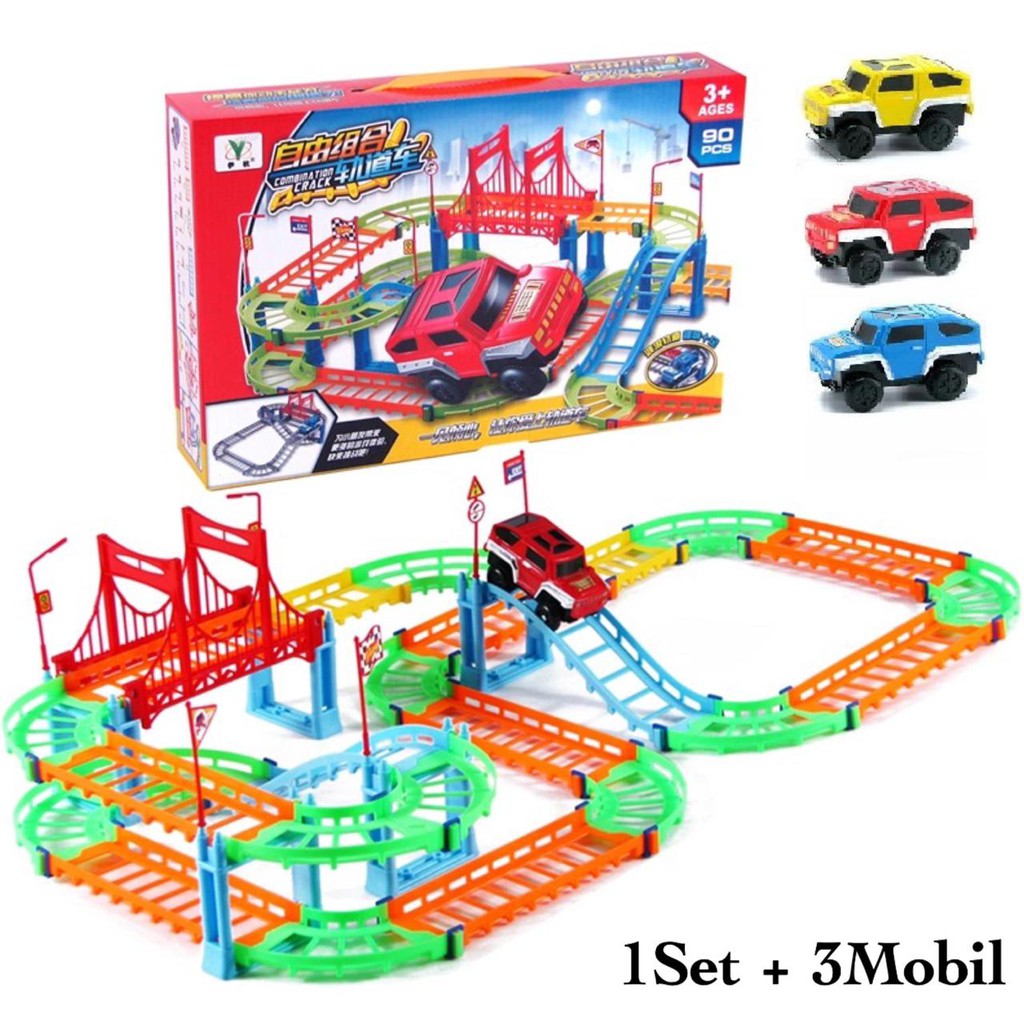 [ Funny ] 90Pcs Mainan Anak Edukasi Track Mobil / Mainan Jalur Kereta Api Bisa Bongkar Pasang-Warna 1set + 3mobil