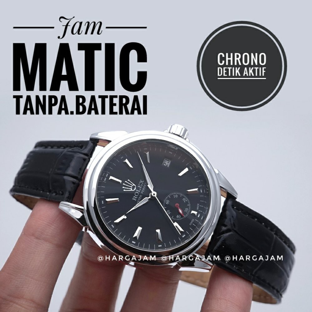 Jam Tangan Automatic Rolex Oyster Perpetual R1154 Chrono Detik - Leather Black | Silver Bezel | Bl