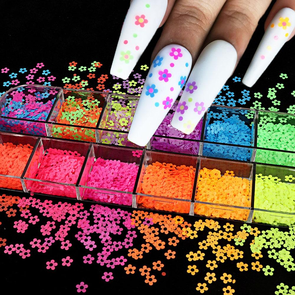 AUGUSTINA Agustina Neon Bunga Kuku Payet Gadis Kreatif Wanita Gel Polish DIY Nail Art Warna Campur Musim Semi Nail Art Irisan