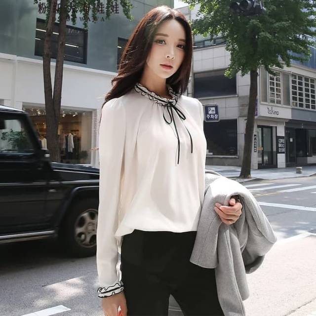 Blus Putih lengan Panjang Gaya Korea Variasi pita Leher Josephine Blouse Lengan Panjang Polos JF