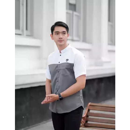 Baju Koko Kurta Dewasa Lengan Pendek Material Catton  Adem Serap Keringat-PUTIH ABU