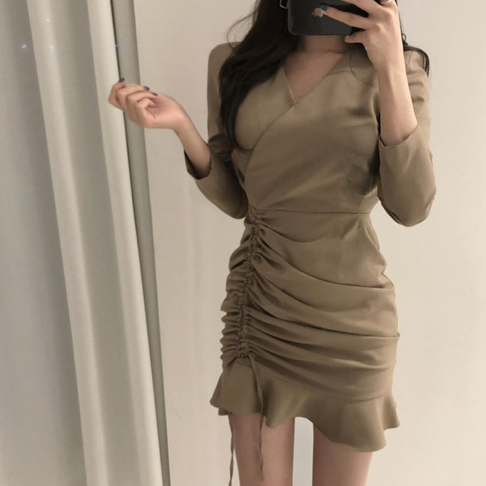 KDR-43 elegant dress v-neck kerut fashion wanita import korea