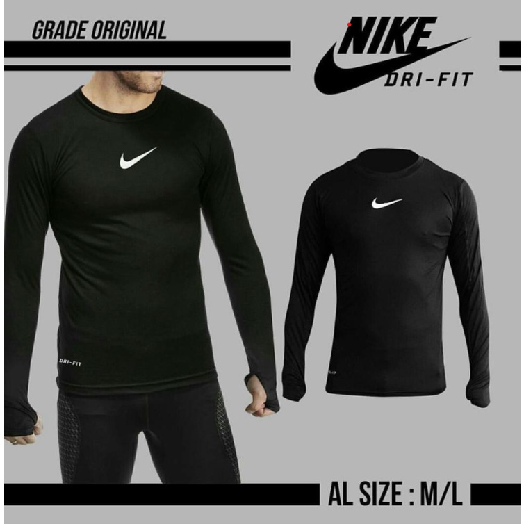 Manset Baselayer Baju Kaos Nike Olahraga Futsal Sepak Bola Football Lengan Panjang Hitam Pria Base Layer Sepeda