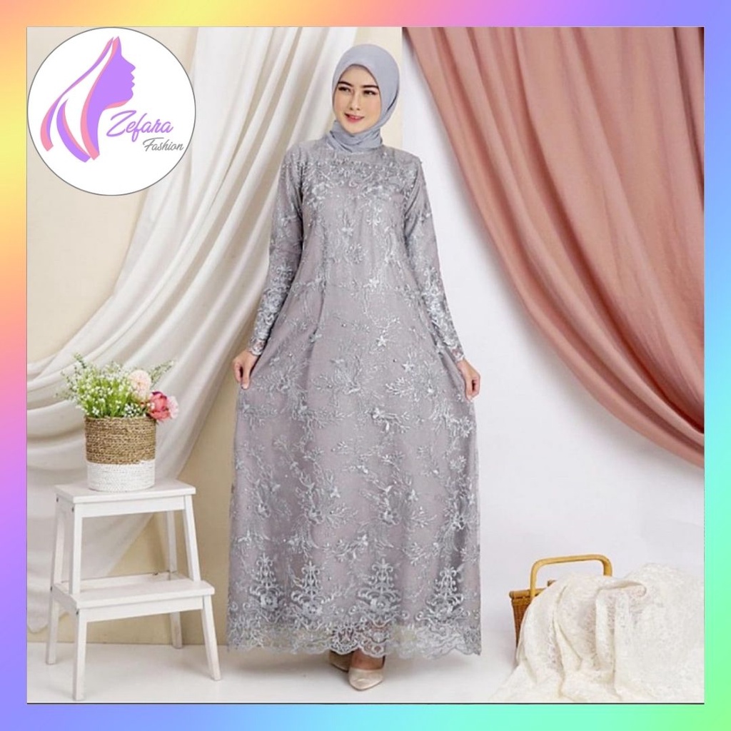 Lydia Gamis Full Brokat Tile Model Panjang ukuran M L XL XXL Jumbo LD 120 Cm