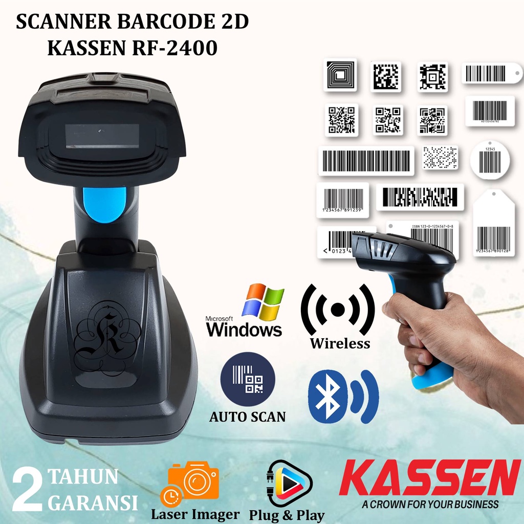 Kassen RF2400 Barcode Scanner 1D 2D Wireless Up to 400M Scanner Barcode 2D RF 2400 Scan QR Code EFaktur Expedisi Kapal