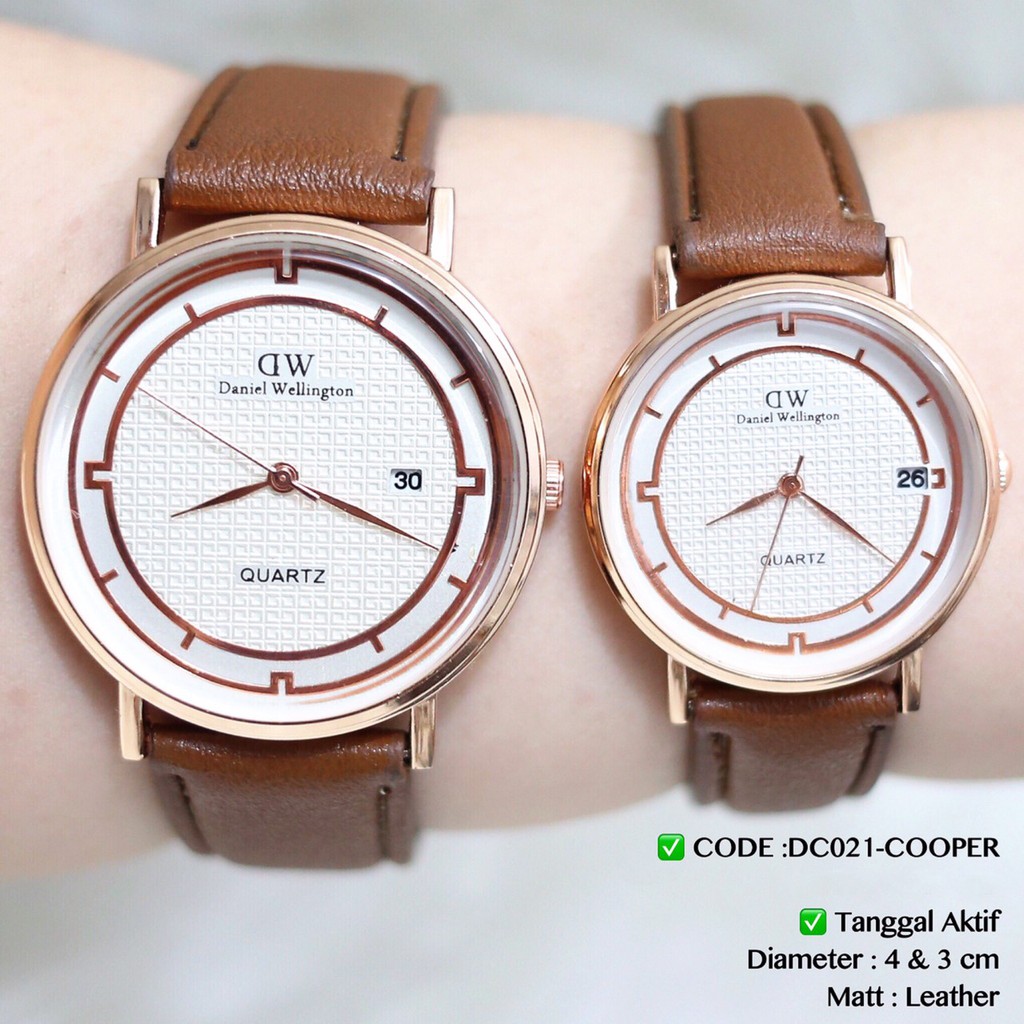 Jam tangan couple tanggal aktif tali kulit leather harga satuan grosir DC021