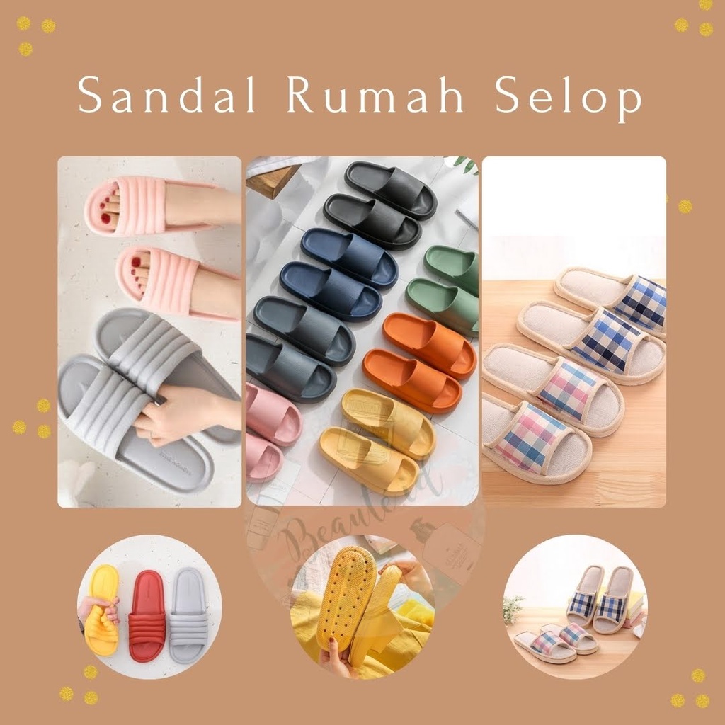 Sandal Selop Rumah Kamar Tidur Pria Wanita Sendal Slop Indoor Sandal Lucu bahan Linen / bahan EVA Premium Rubber Slipper Anti Slip Empuk Nyaman DIpakai