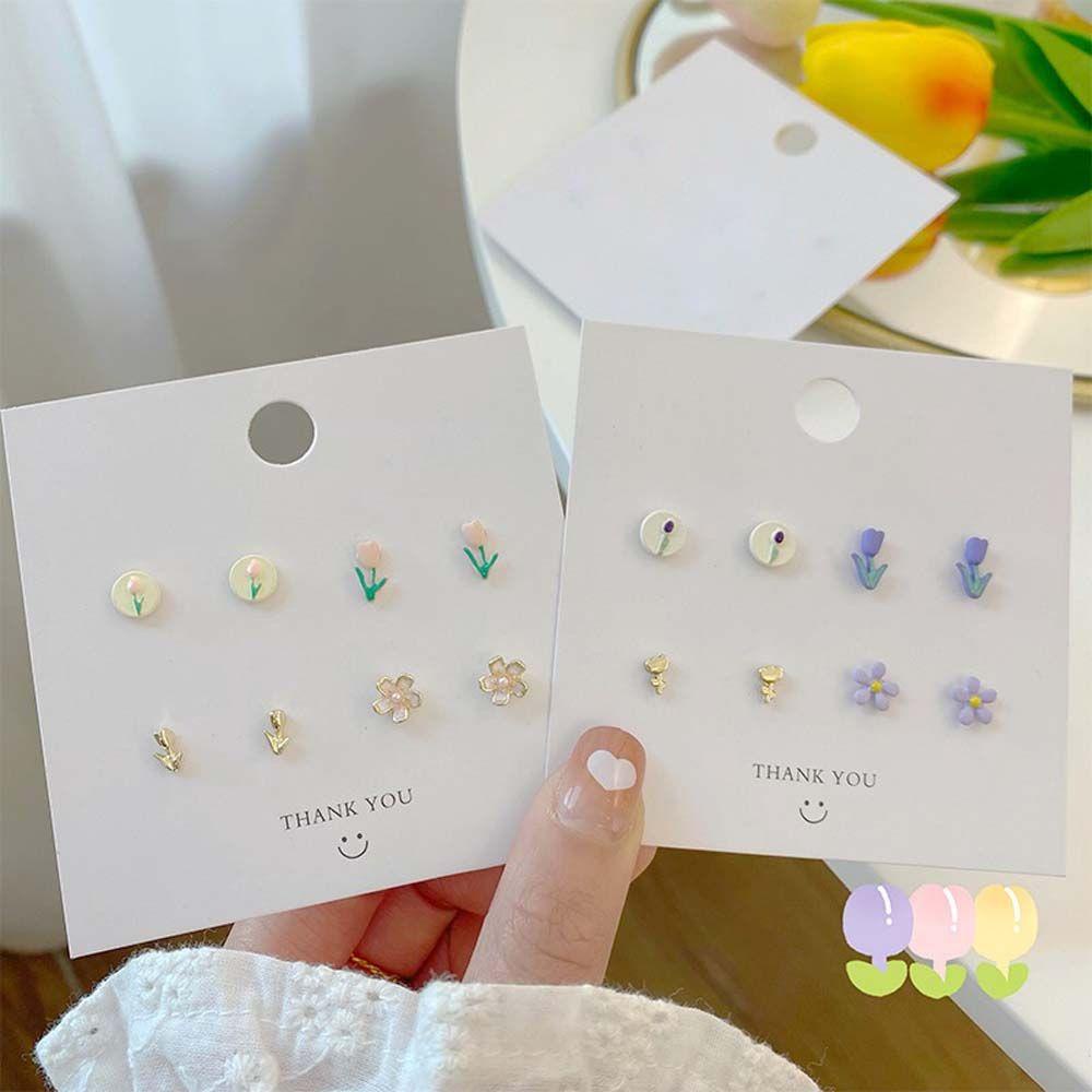 Needway Set Anting Tusuk Motif Tulip Kepribadian Geometris Untuk Perempuan Manis Alloy Wanita Ear Studs