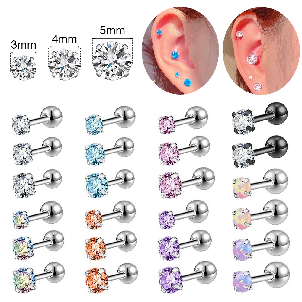 1 PC Anting Stud Kristal Bentuk Bulat Bahan Stainless Steel Ukuran 3 / 4 / 5mm