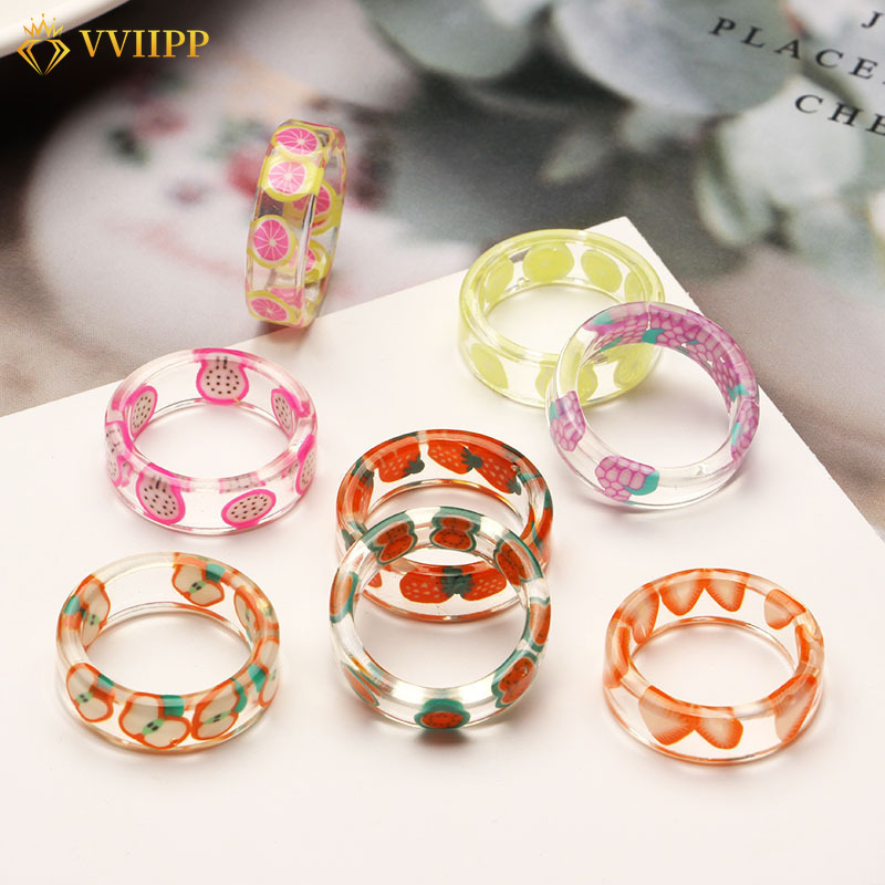 Cincin Resin Transparan Desain Buah Gaya Korea Untuk Aksesoris Perhiasan