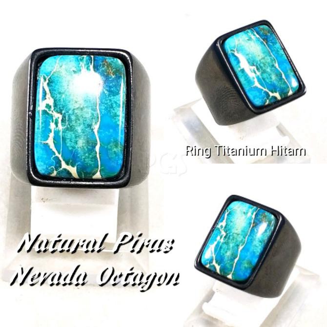 CINCIN BATU AKIK NATURAL PIRUS BIRU OCTAGON RING TITANIUM HITAM - 7