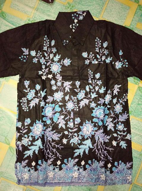 Kemeja Batik Pria Modern Motif Sakura Biru Turkiss