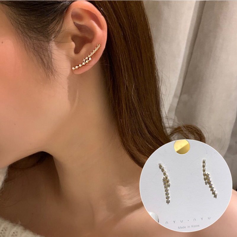 Anting Tusuk Bahan Sterling Silver 925 Desain Kurva Hias Mutiara+Berlian Untuk Wanita