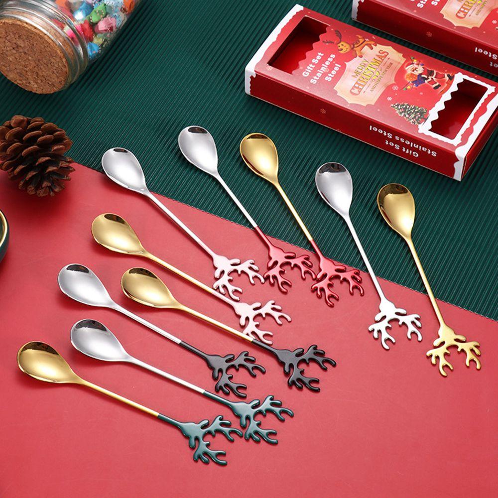 Solighter 2PCS Sendok Natal Desserts Es Krim Stainless Steel Sendok Pengaduk Xmas Tanduk