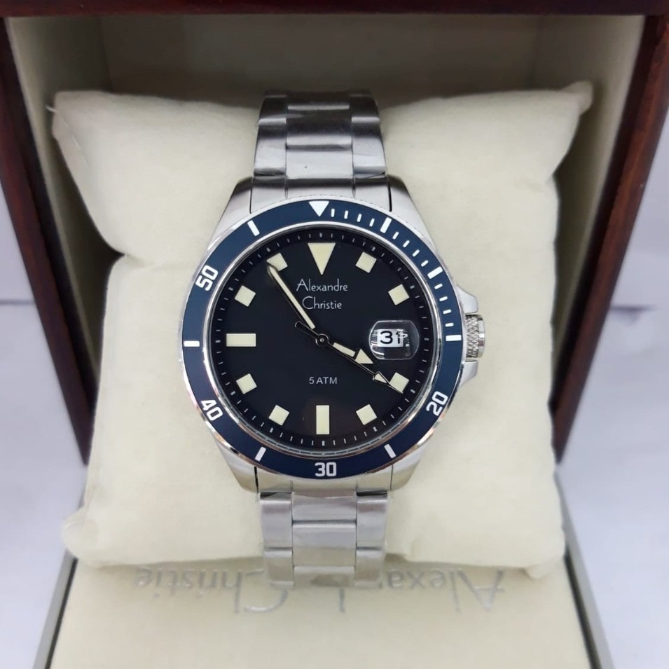 Alexandre Christie 100% Original ac6446 Jam Tangan Pria Stainless Steel silver case biru
