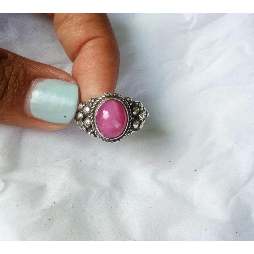 Cincin Perak Bakar Ukir Bunga Batu American Star Pink | Cincin perak 925 | Ring Silver 925 | Cincin 