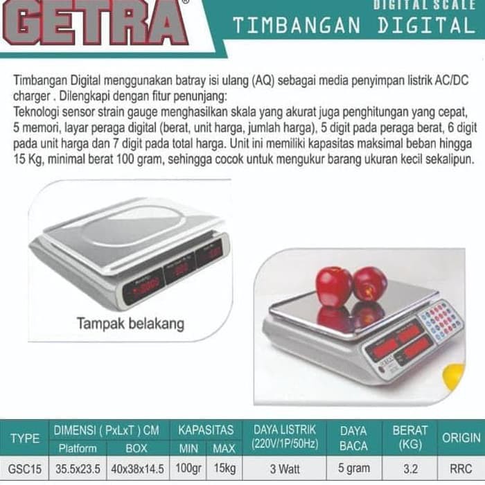 Digital Scale GETRA GSC15 / Timbangan Digital GSC 15