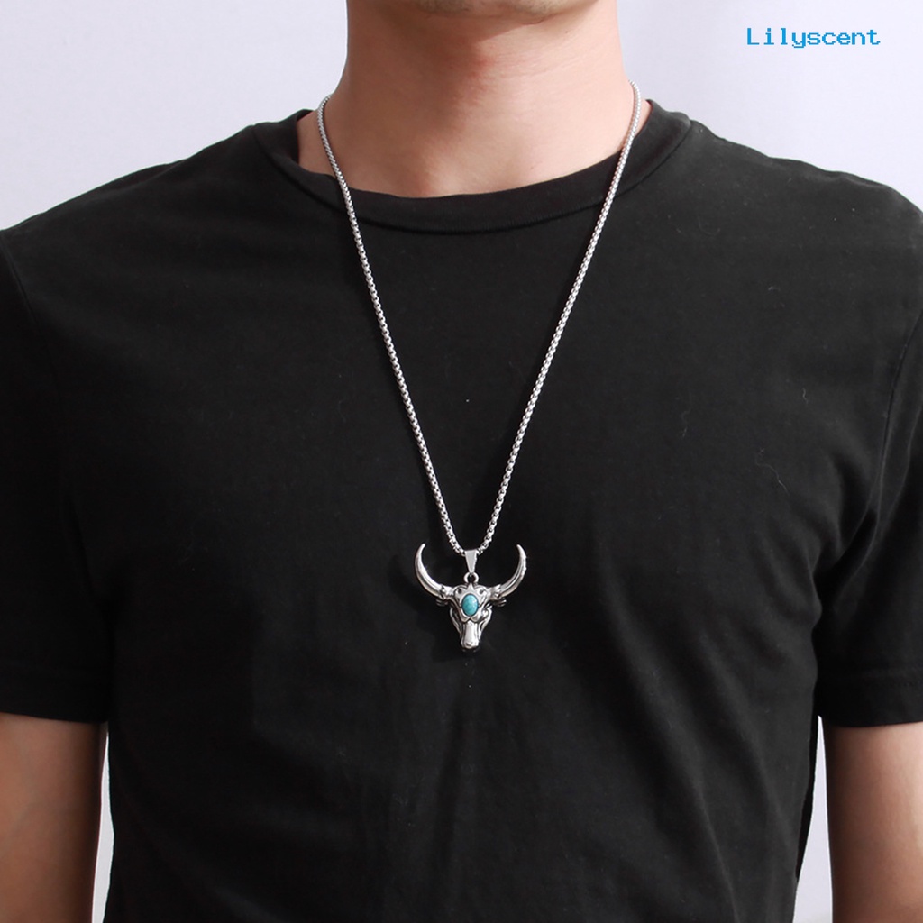 Kalung Rantai Panjang Liontin Kepala Banteng Bahan Alloy Gaya Retro Punk Untuk Pria