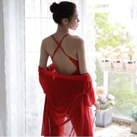 RV® Lingerie Gamis Seksi + G-String Baju Tidur Wanita Renda Jubah Transparan 1064-2