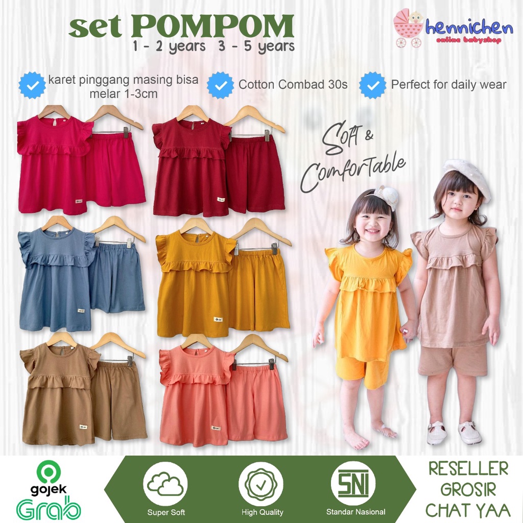 PROMO 7.7 Setelan Anak Kaos Smilee Pompom Size 1-5Tahun / Setelan anak perempuan lucu / Setelan anak Perempuan