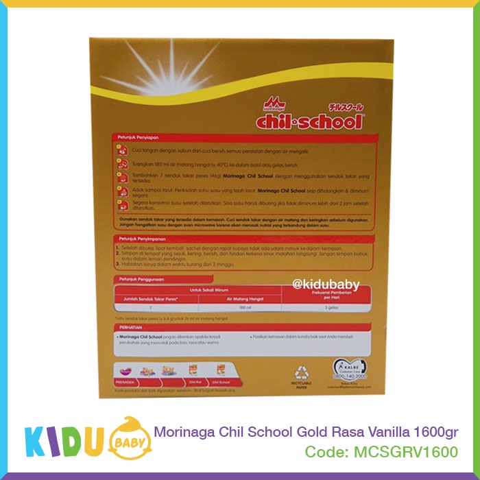 Morinaga Chil School Gold Rasa Vanilla 1600gr Susu Formula Anak 3-12 tahun Kidu Baby